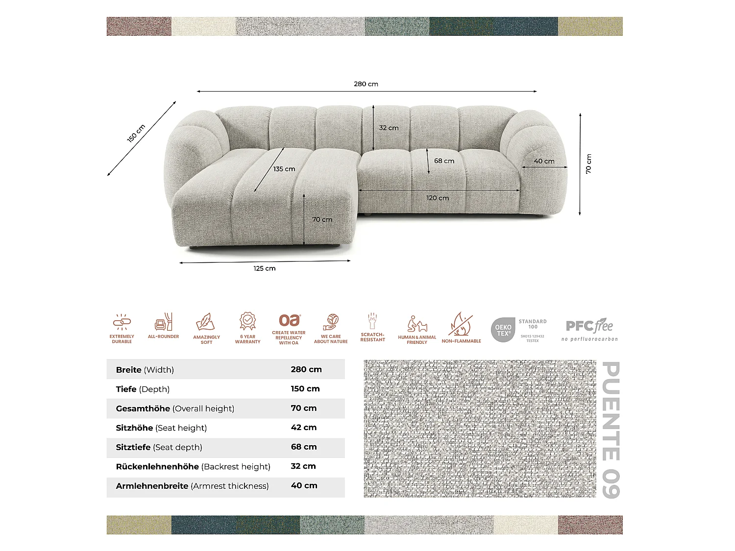 Canapé d'angle droit tissu bouclé beige 280 cm - Mali Design
