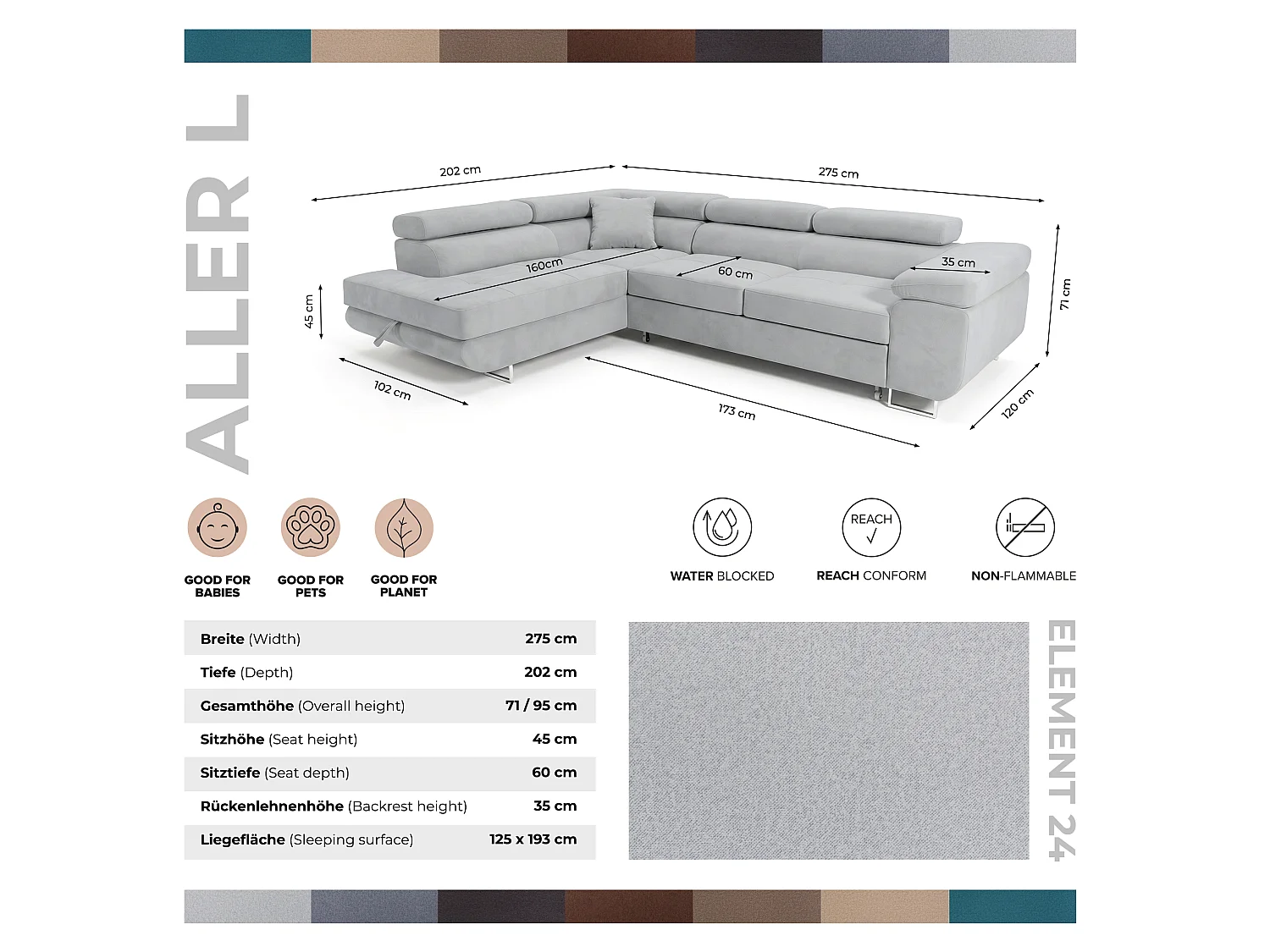 Ecksofa L-Form rechts mit Schlaffunktion hellgrau 272 cm - Luca
