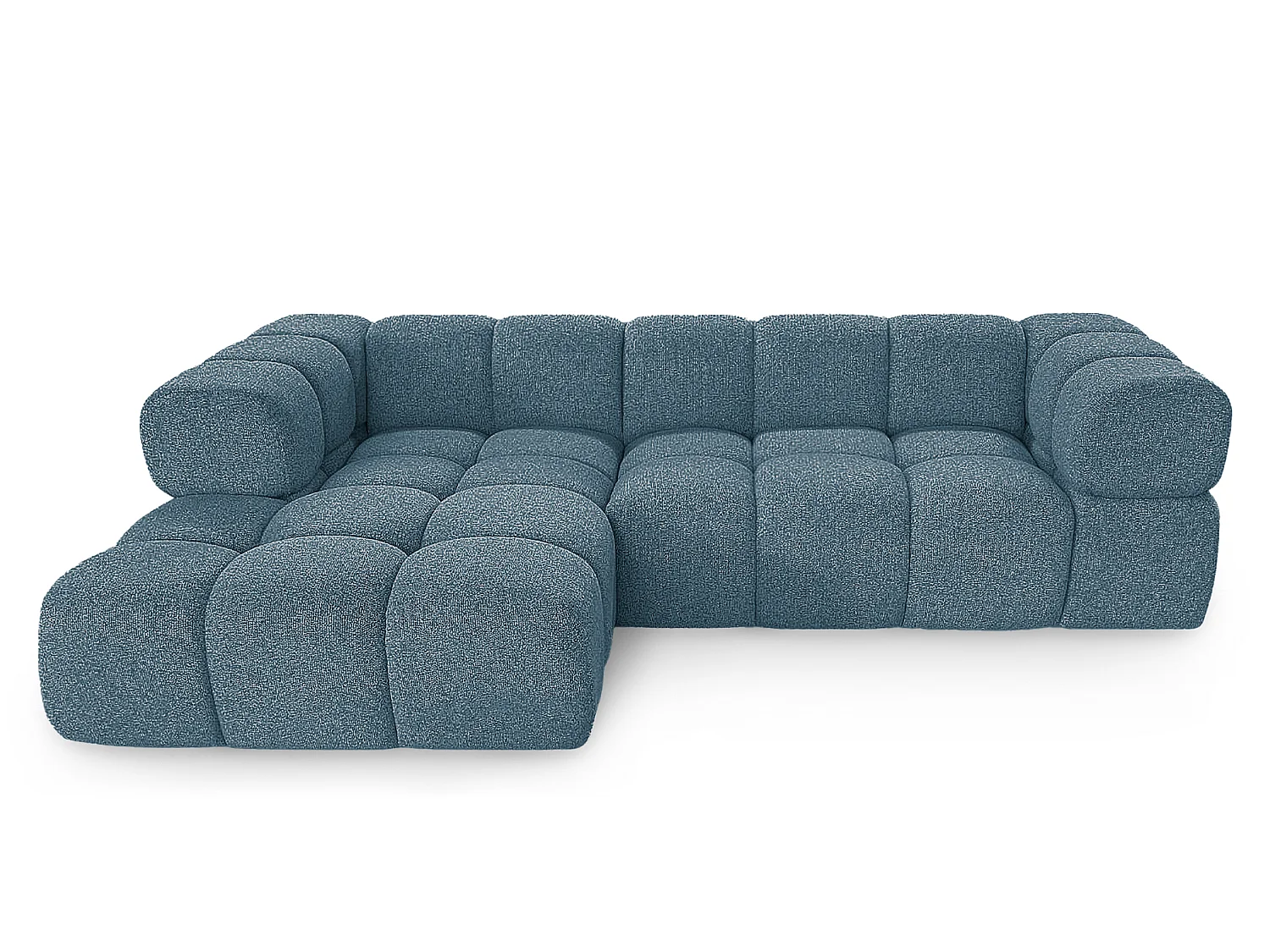 Canapé d'angle gauche capitonné en tissu bouclé bleu canard 280 cm - AVERRO