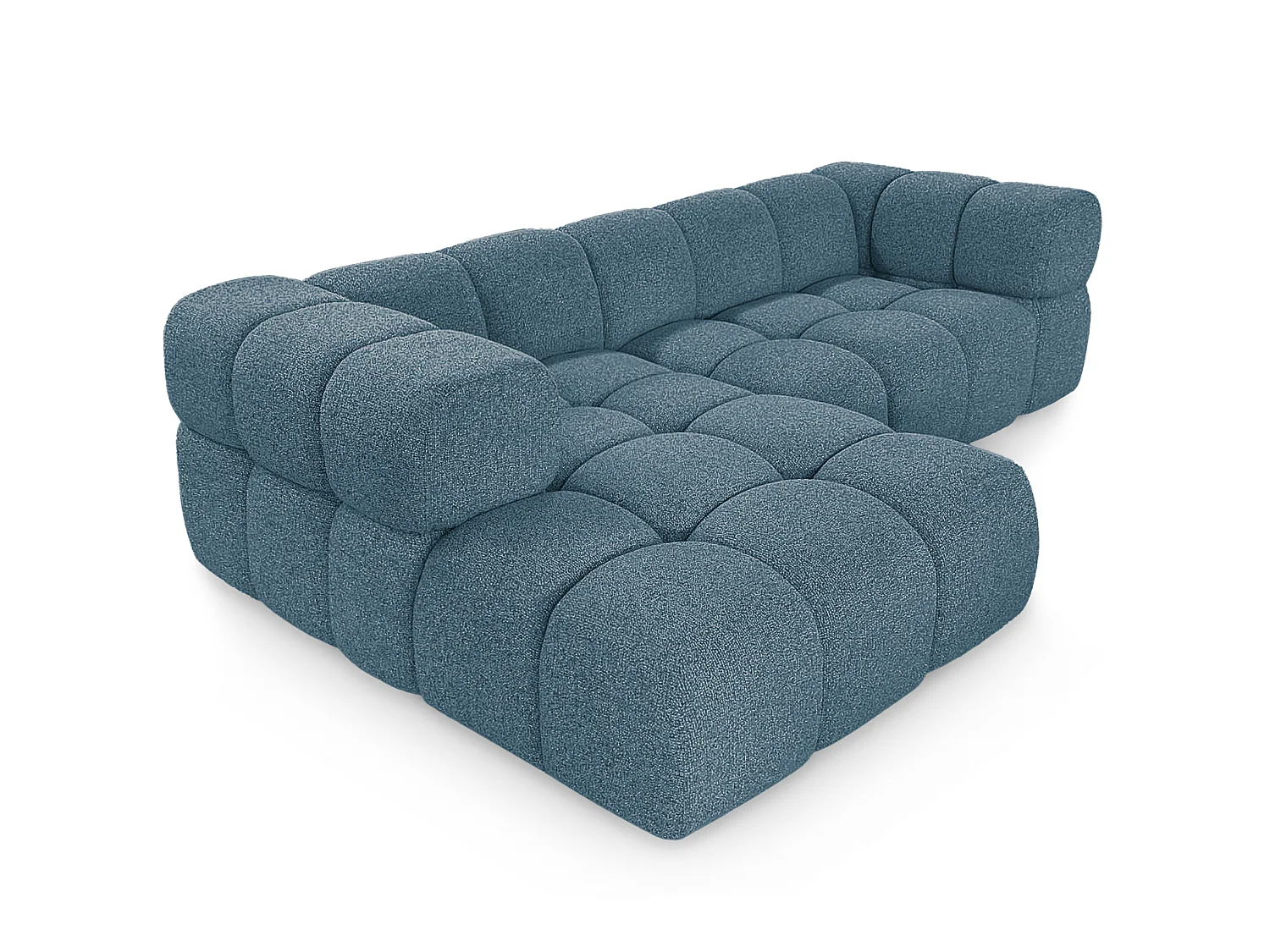 Canapé d'angle gauche capitonné en tissu bouclé bleu canard 280 cm - AVERRO