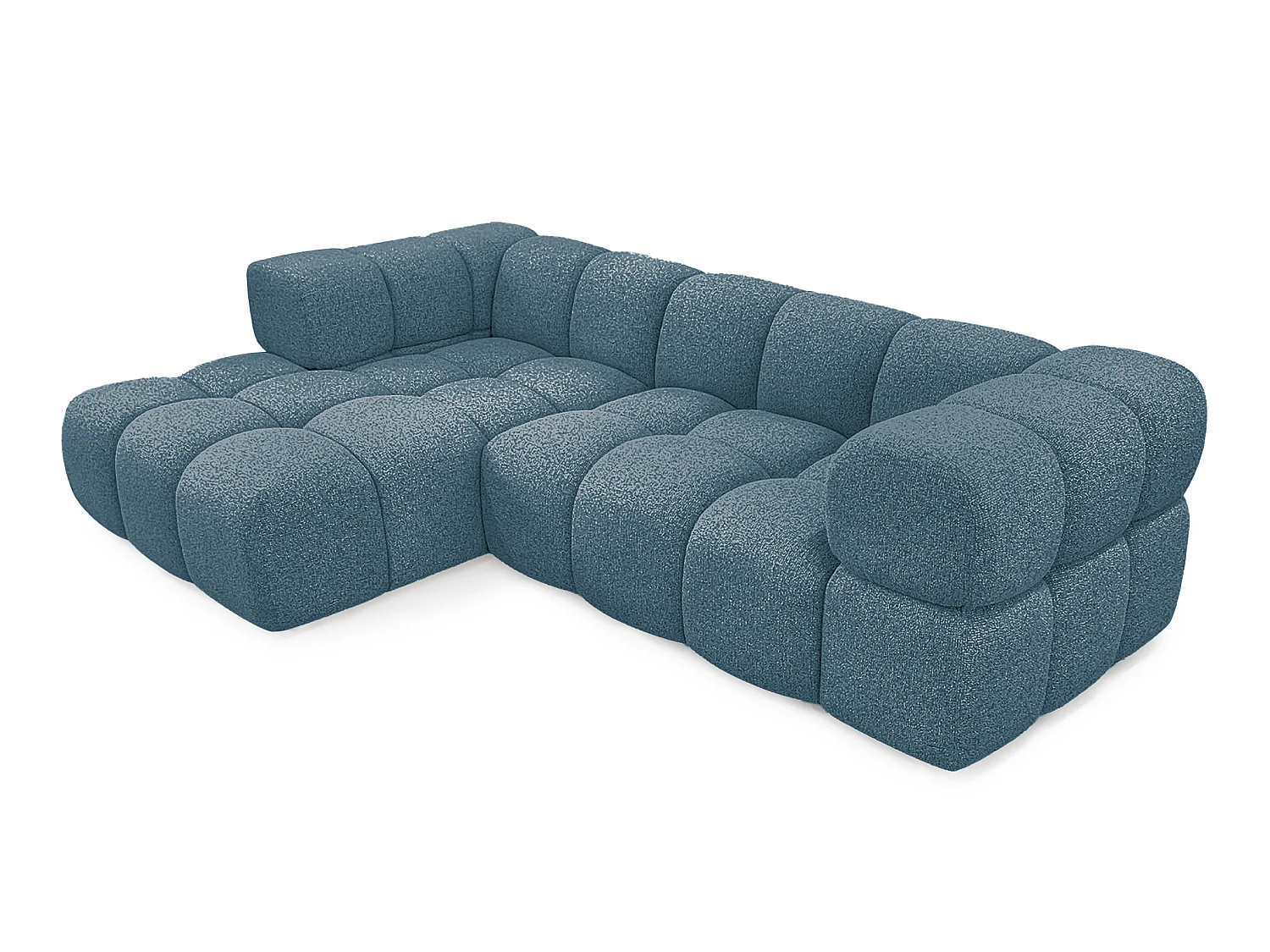 Canapé d'angle gauche capitonné en tissu bouclé bleu canard 280 cm - AVERRO