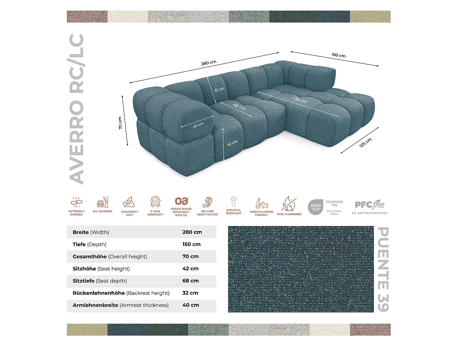 Canapé d'angle gauche capitonné en tissu bouclé bleu canard 280 cm - AVERRO