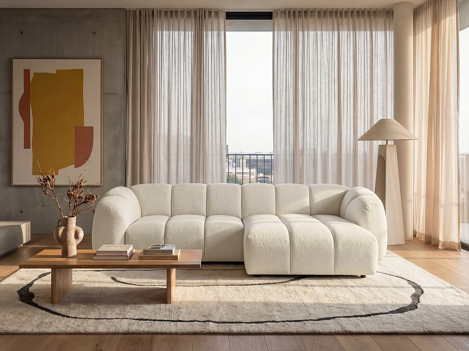 Canapé d'angle droit tissu bouclé blanc cassé 280 cm - Mali Design