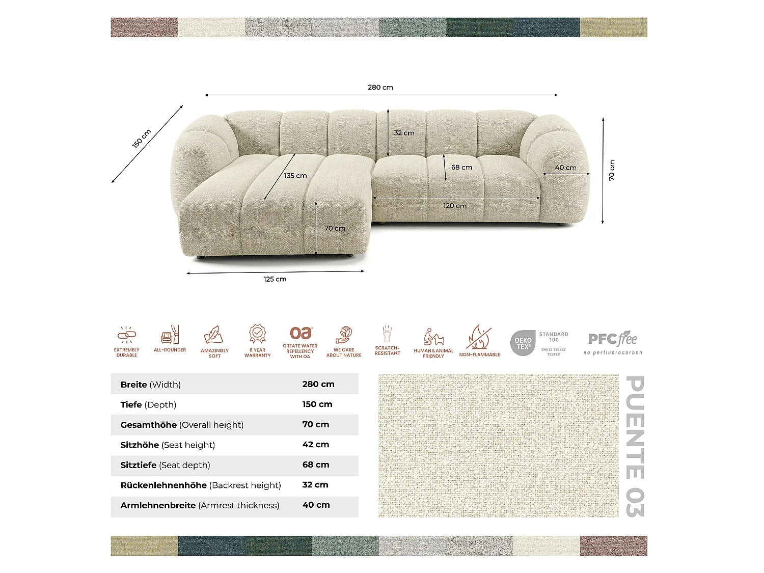 Canapé d'angle droit tissu bouclé blanc cassé 280 cm - Mali Design