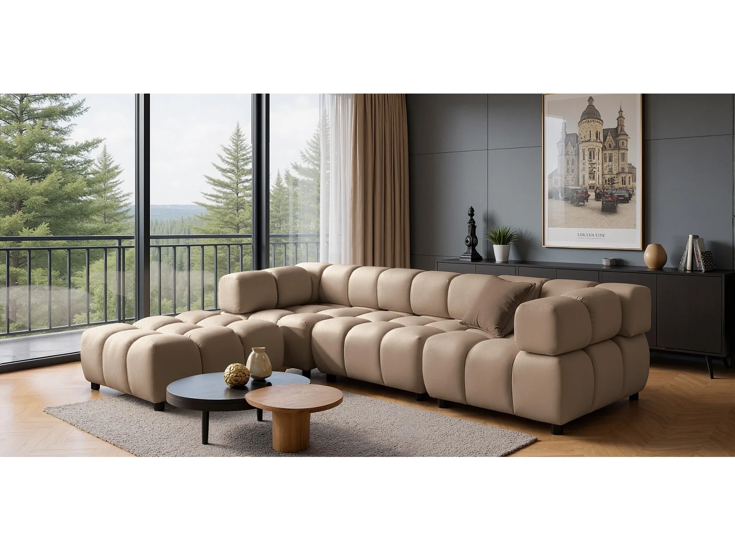 Canapé d'angle capitonné réversible en velours taupe 288 cm - TONDO
