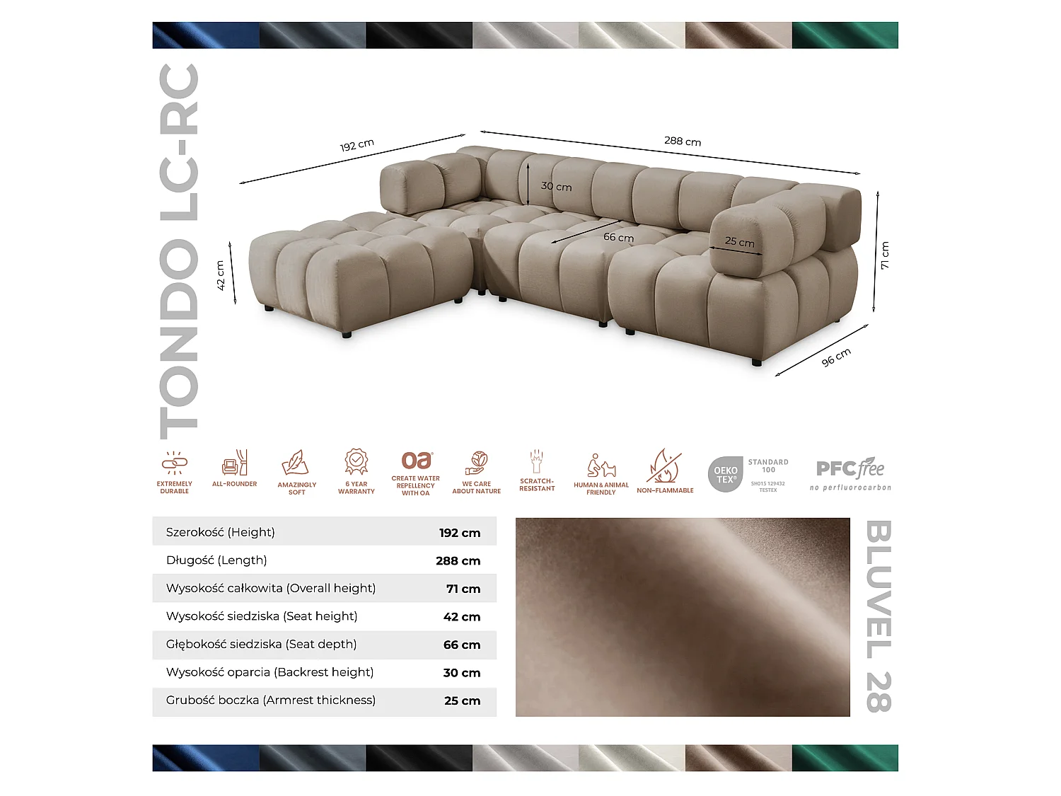 Canapé d'angle capitonné réversible en velours taupe 288 cm - TONDO