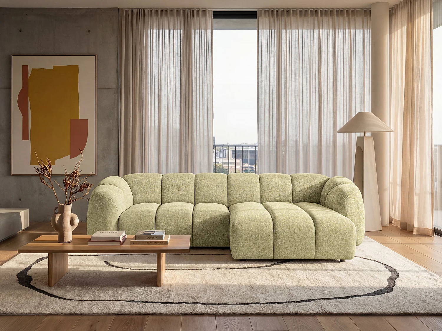 Canapé d'angle droit tissu bouclé jaune moutarde 280 cm - Mali Design