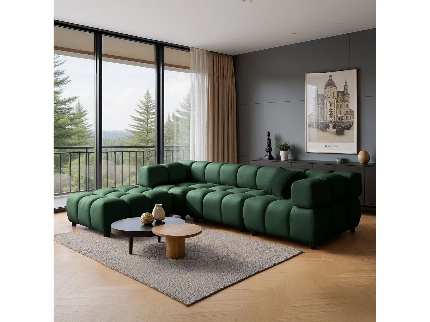 Canapé d'angle capitonné réversible en velours vert 288 cm - TONDO