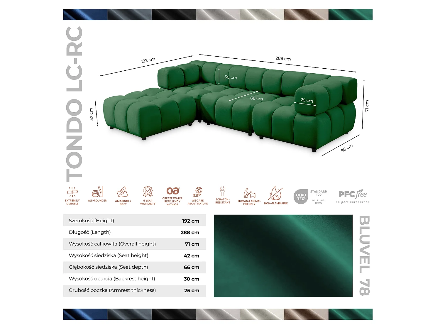 Canapé d'angle capitonné réversible en velours vert 288 cm - TONDO