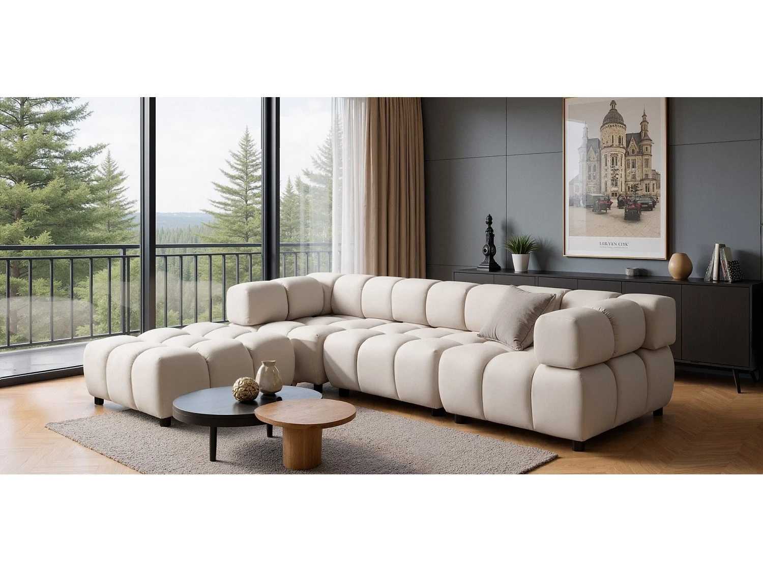 Canapé d'angle capitonné réversible en velours beige 288 cm - TONDO