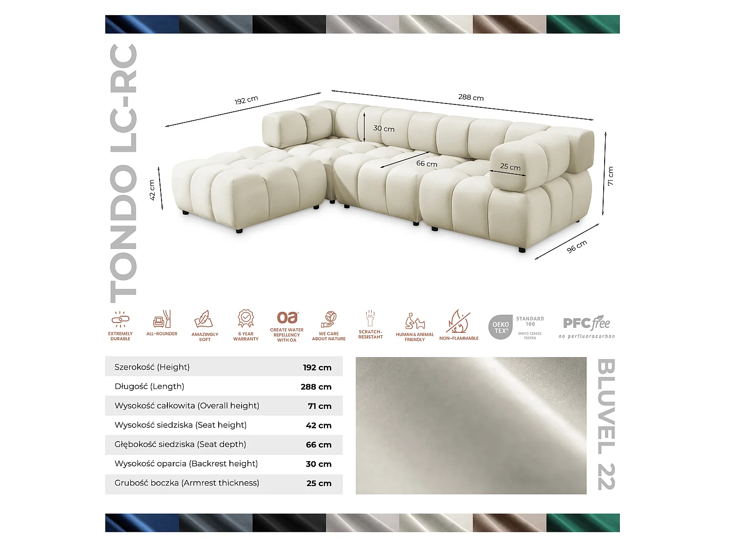 Canapé d'angle capitonné réversible en velours beige 288 cm - TONDO