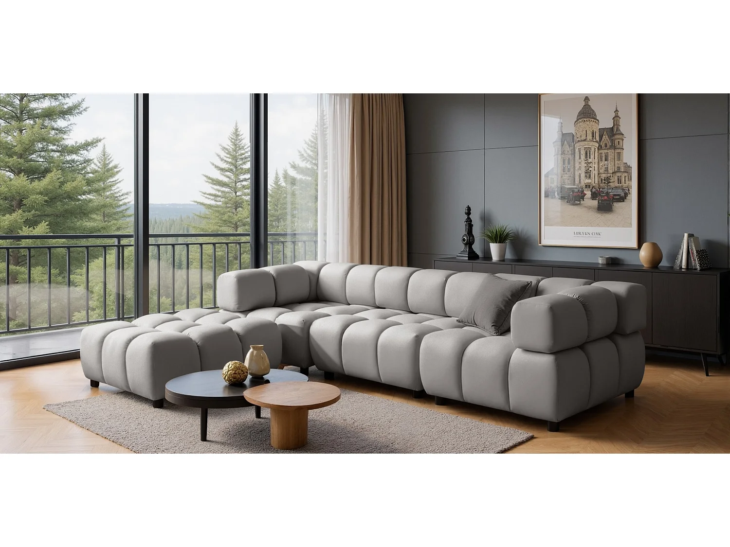 Canapé d'angle capitonné réversible en velours gris clair 288 cm - TONDO