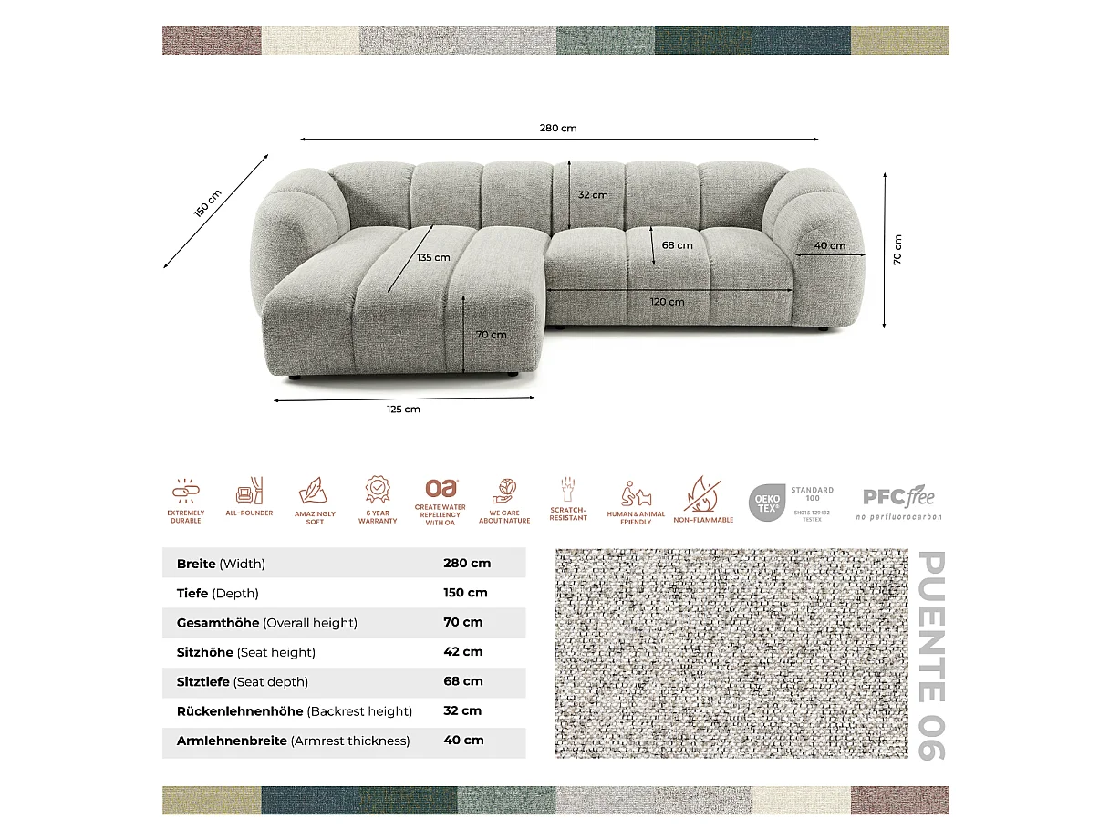 Canapé d'angle droit tissu bouclé gris clair 280 cm - Mali Design