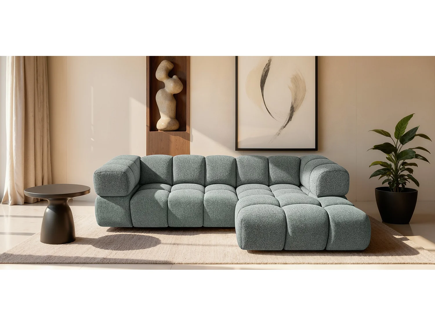 Canapé d'angle droit capitonné en tissu bouclé vert amande 280 cm - AVERRO