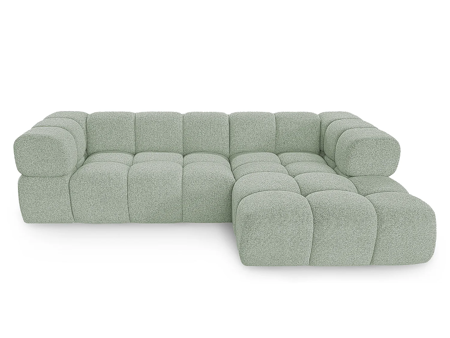 Canapé d'angle droit capitonné en tissu bouclé vert amande 280 cm - AVERRO