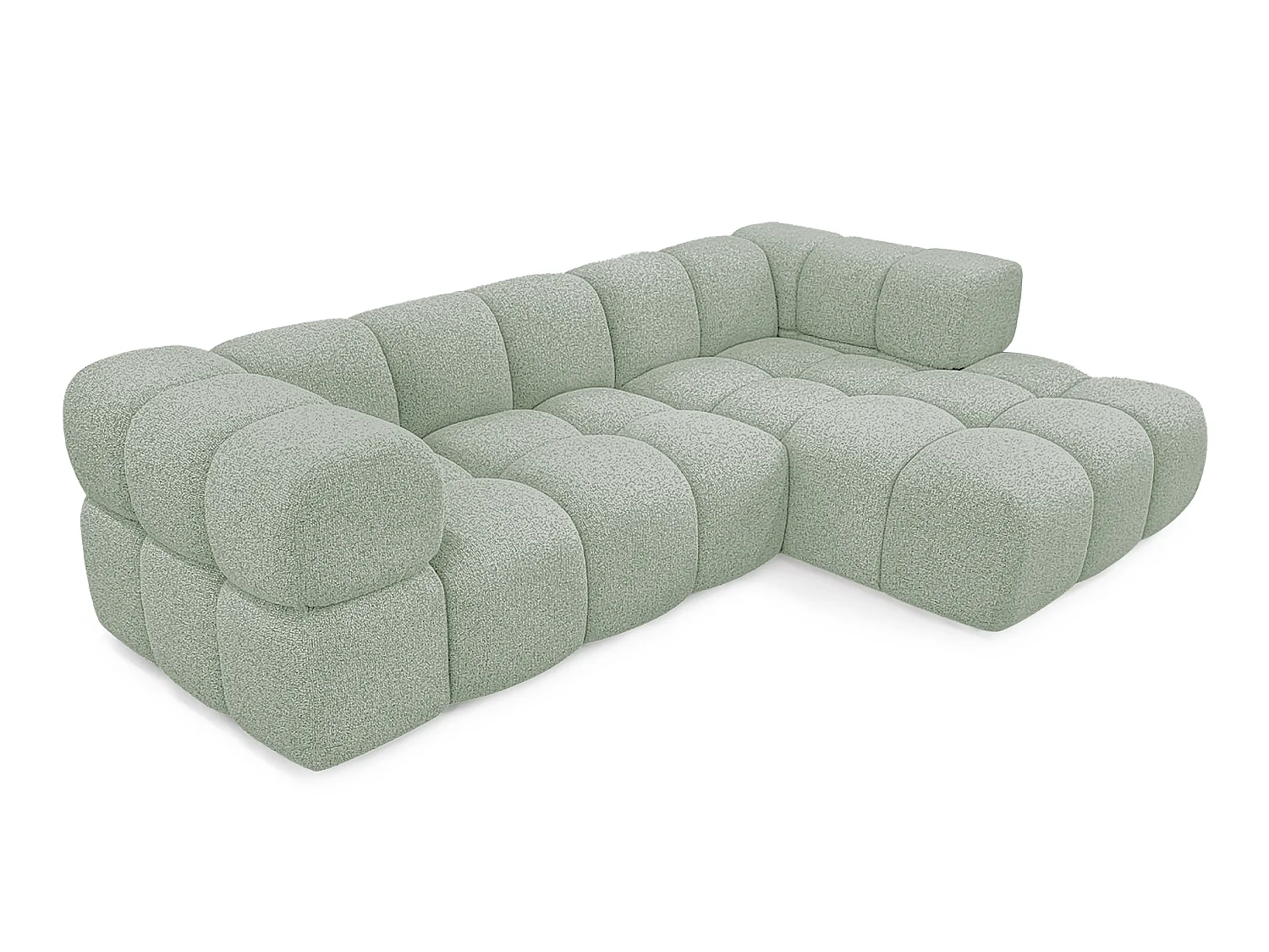 Canapé d'angle droit capitonné en tissu bouclé vert amande 280 cm - AVERRO