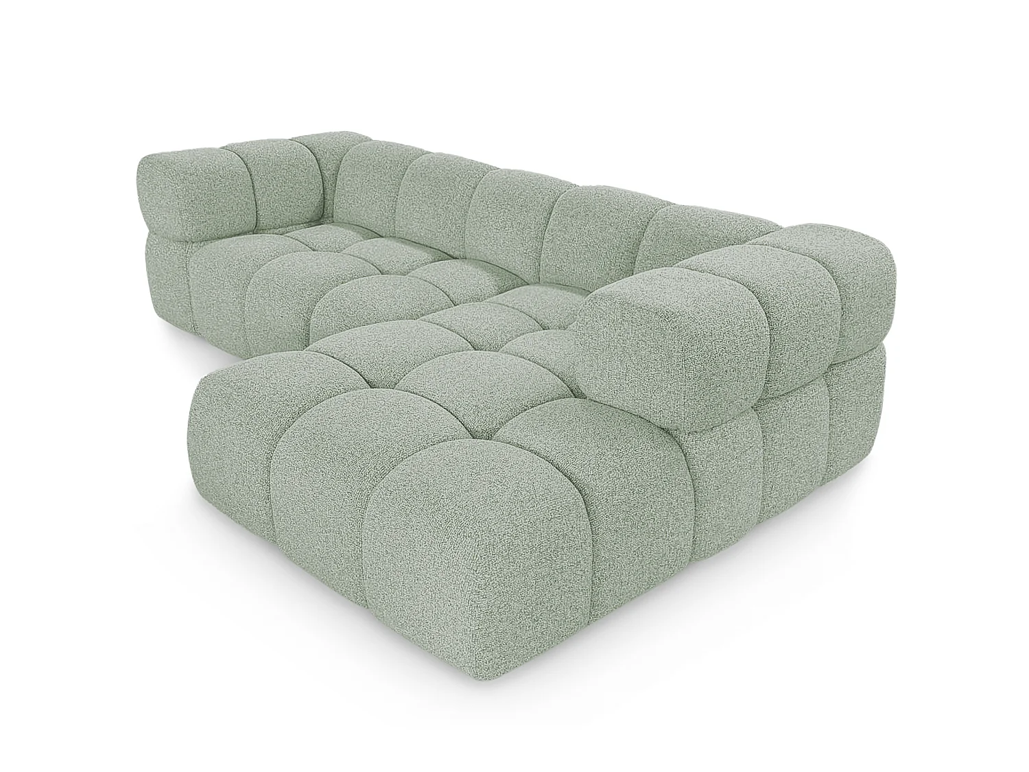 Canapé d'angle droit capitonné en tissu bouclé vert amande 280 cm - AVERRO