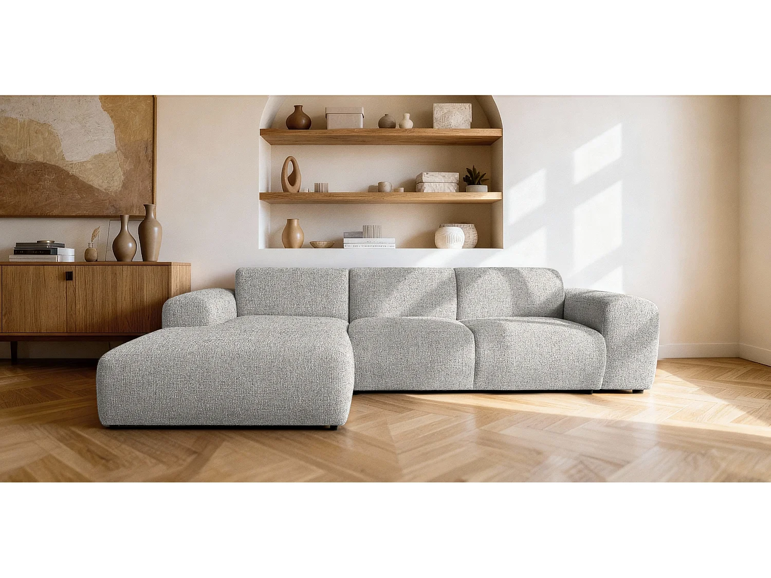 Canapé d'angle gauche en tissu bouclé beige 310 cm - GIN