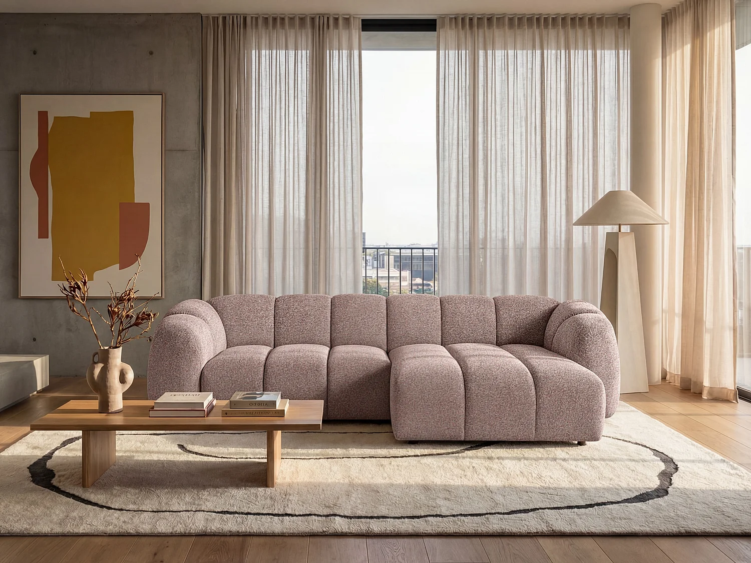 Canapé d'angle droit tissu bouclé rose poudré 280 cm - Mali Design