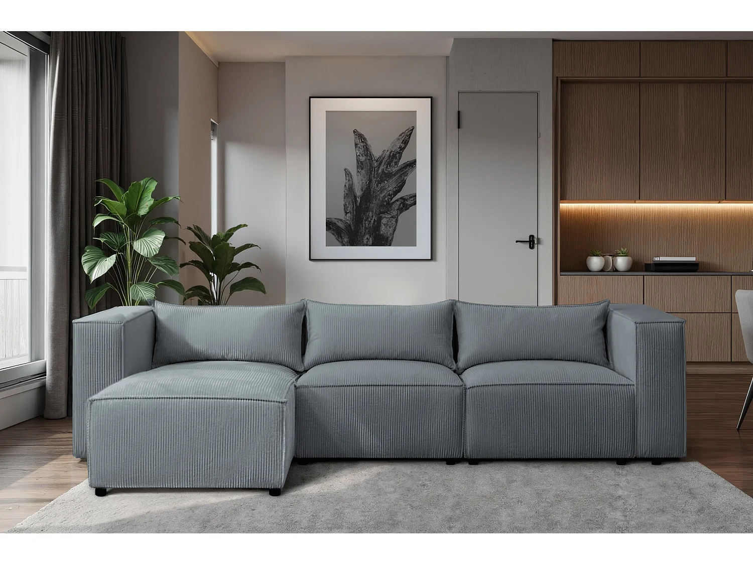 Canapé d'angle modulable en velours côtelé gris-bleu 290 cm - MODULO
