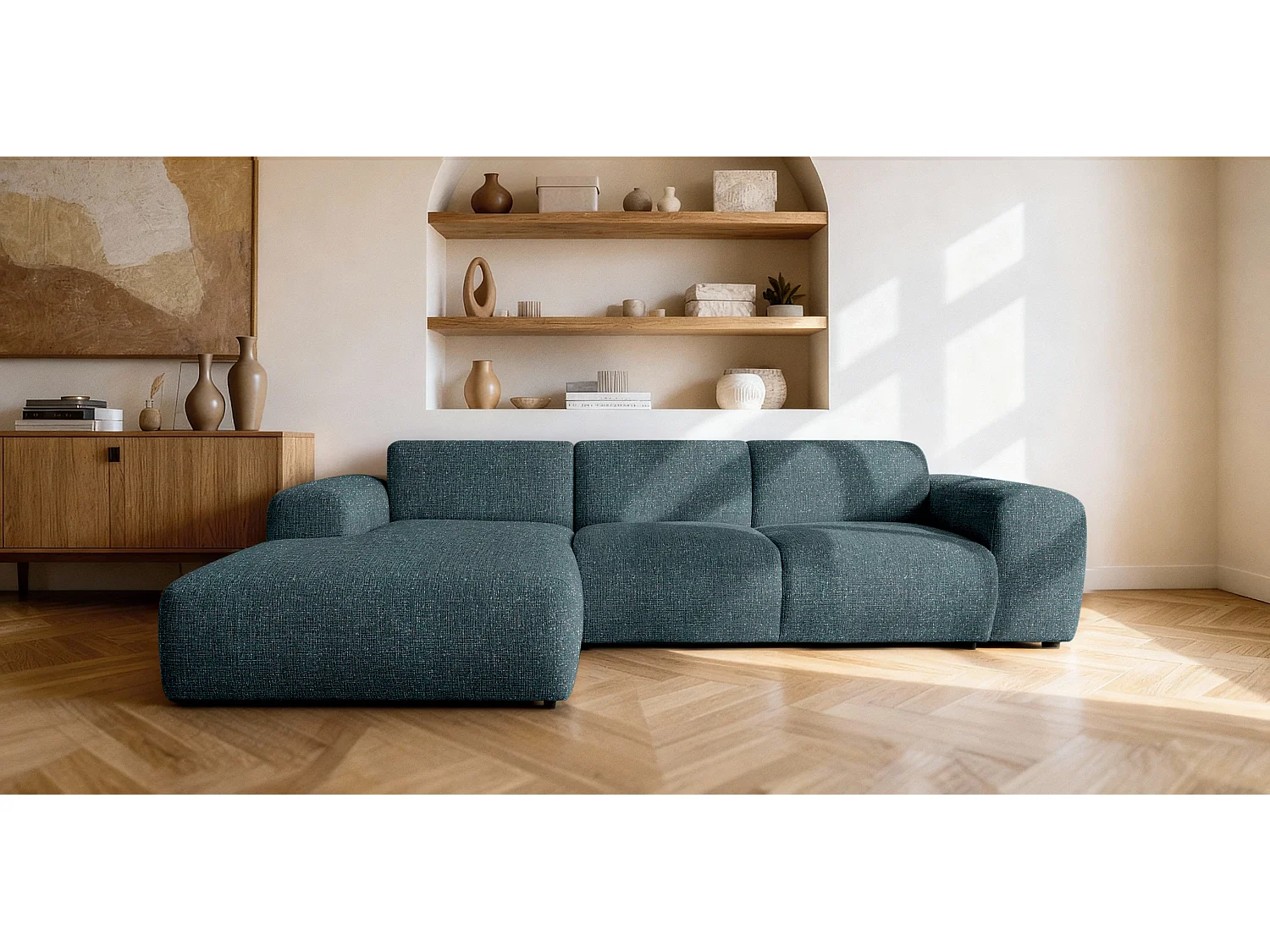Canapé d'angle gauche en tissu bouclé bleu canard 310 cm - GIN
