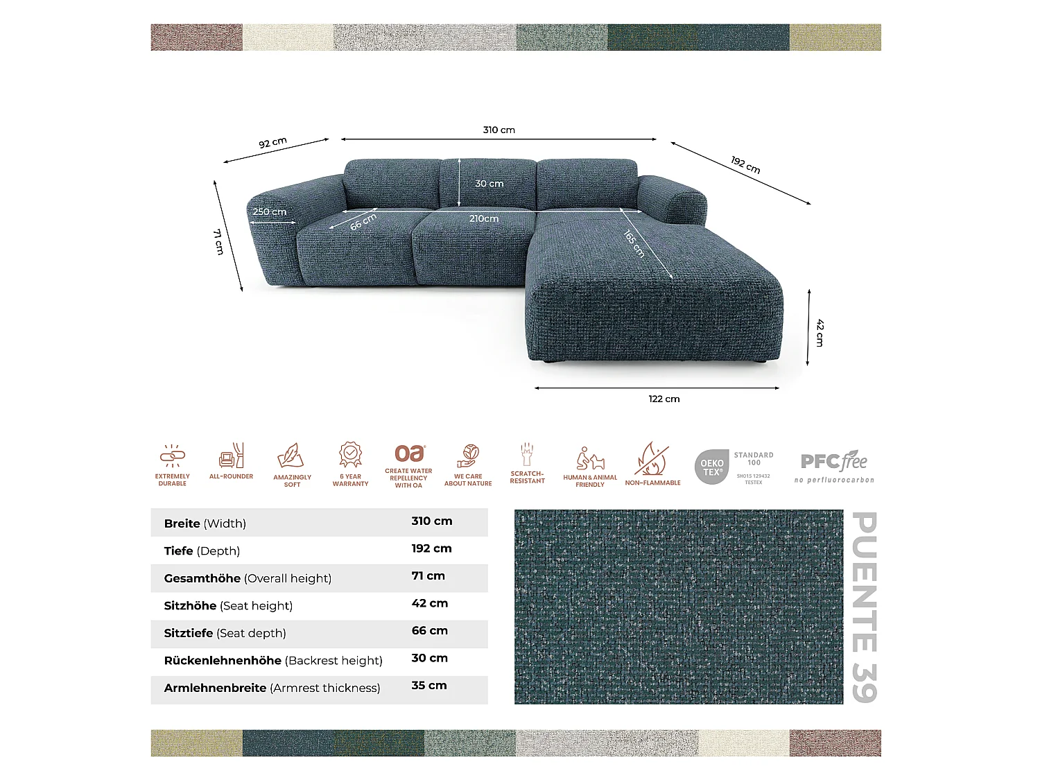 Canapé d'angle gauche en tissu bouclé bleu canard 310 cm - GIN