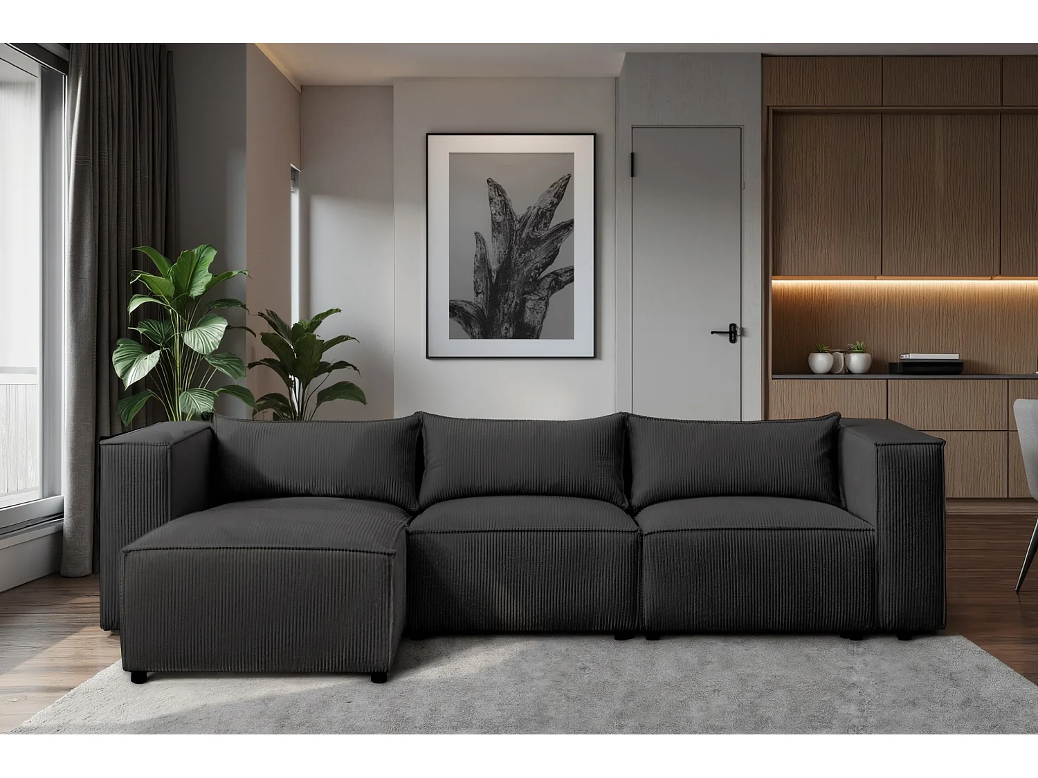 Canapé d'angle modulable en velours côtelé noir 290 cm - MODULO