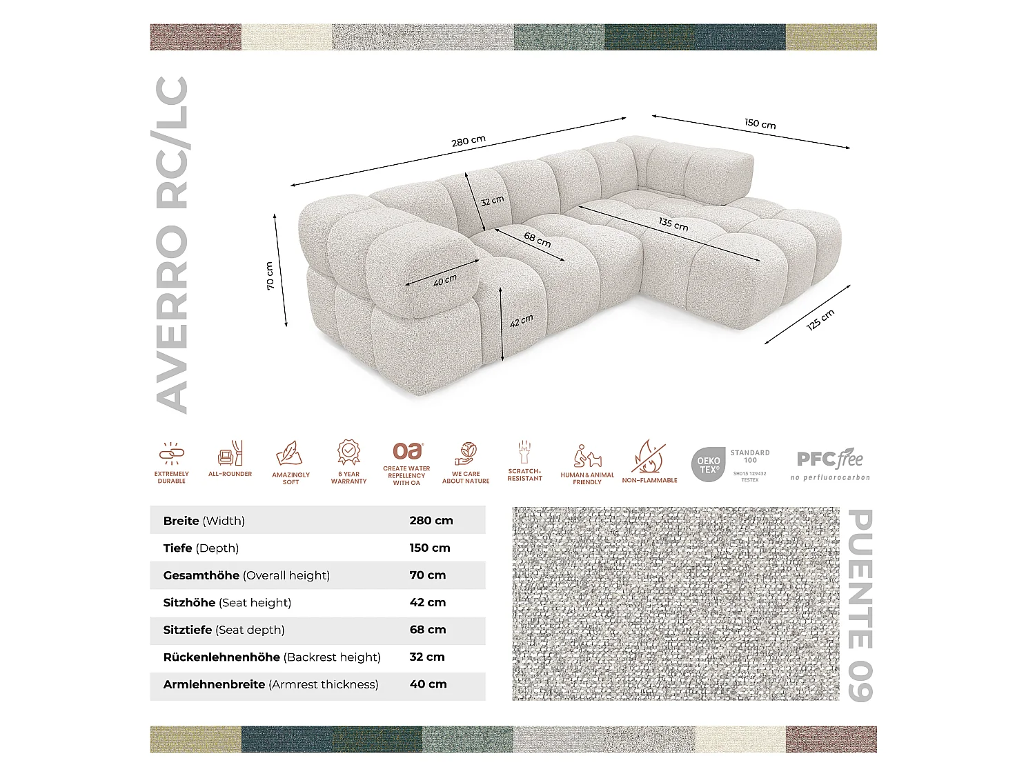 Canapé d'angle gauche capitonné en tissu bouclé beige 280 cm - AVERRO