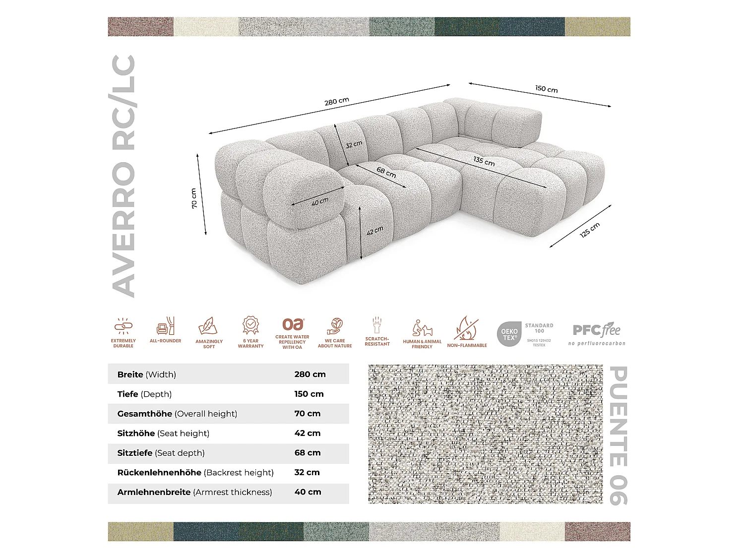 Canapé d'angle gauche capitonné en tissu bouclé gris clair 280 cm - AVERRO