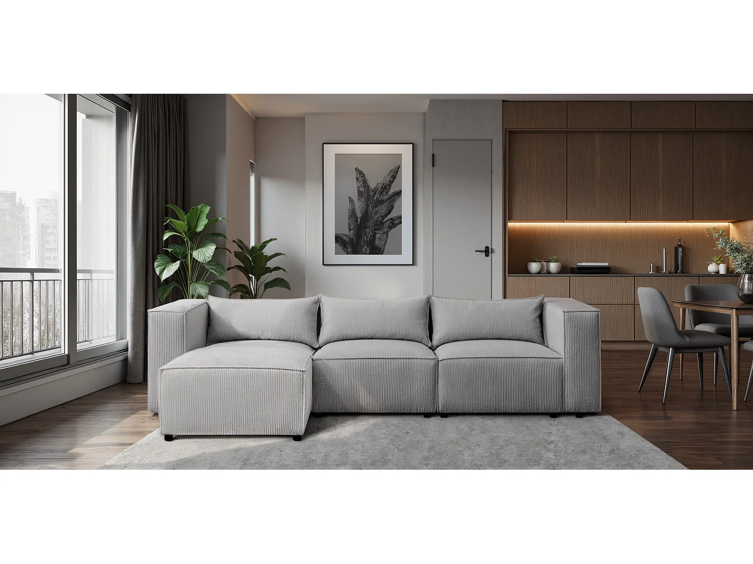 Canapé d'angle modulable en velours côtelé gris 290 cm - MODULO