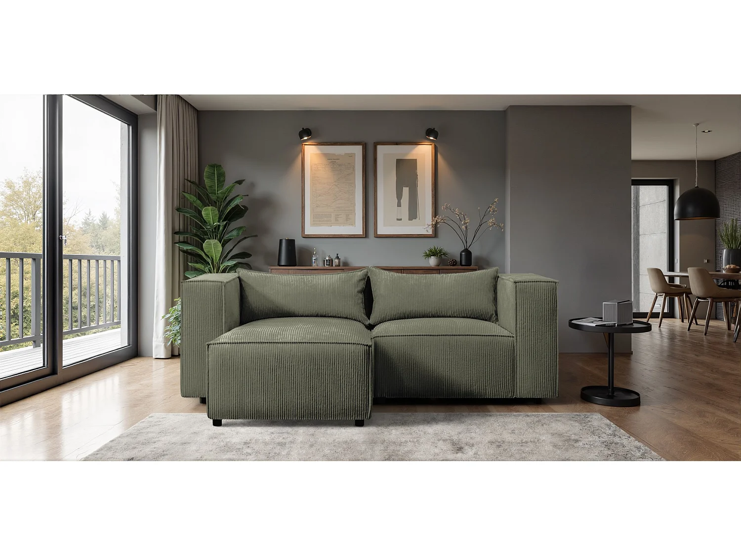 Canapé d'angle modulable en velours côtelé vert 210 cm - MODULO