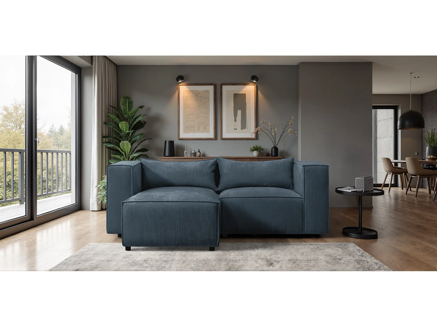 Canapé d'angle modulable en velours côtelé bleu 210 cm - MODULO