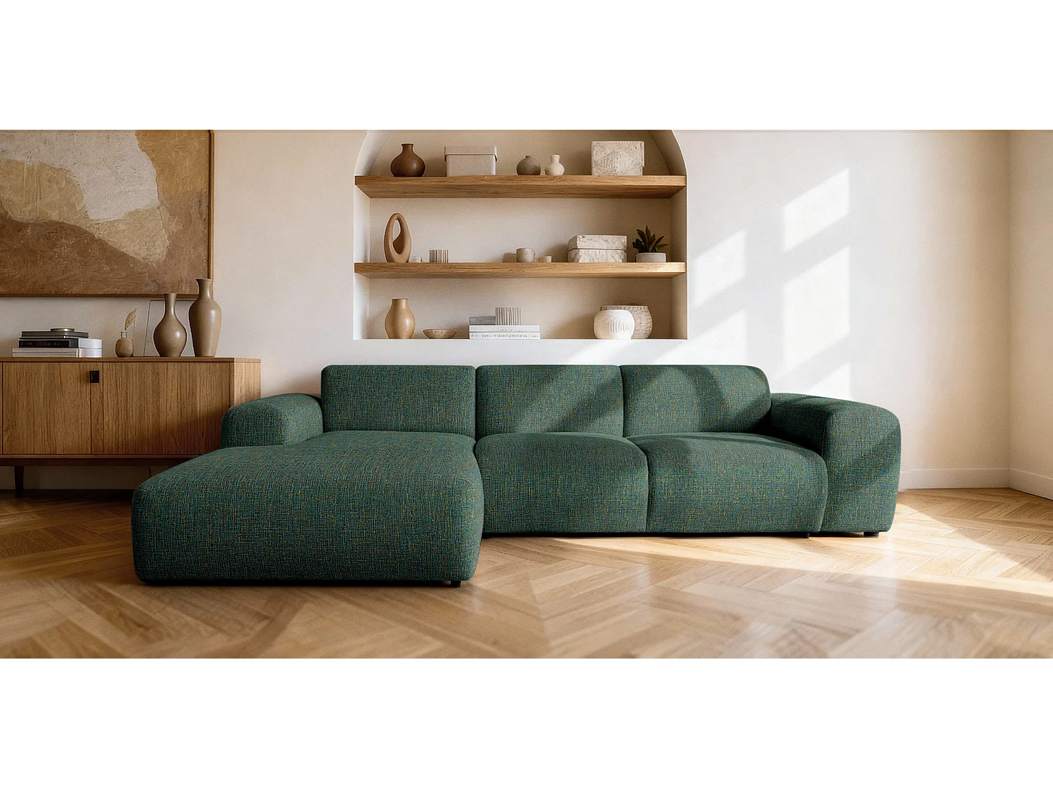 Canapé d'angle gauche en tissu bouclé vert 310 cm - GIN