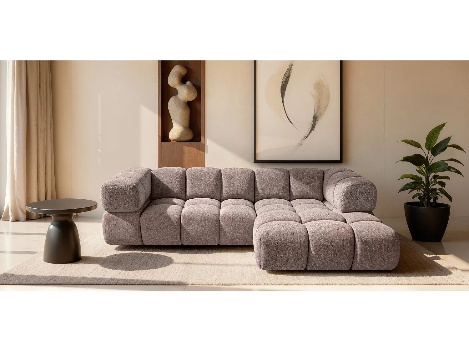Canapé d'angle droit capitonné en tissu bouclé rose poudré 280 cm - AVERRO