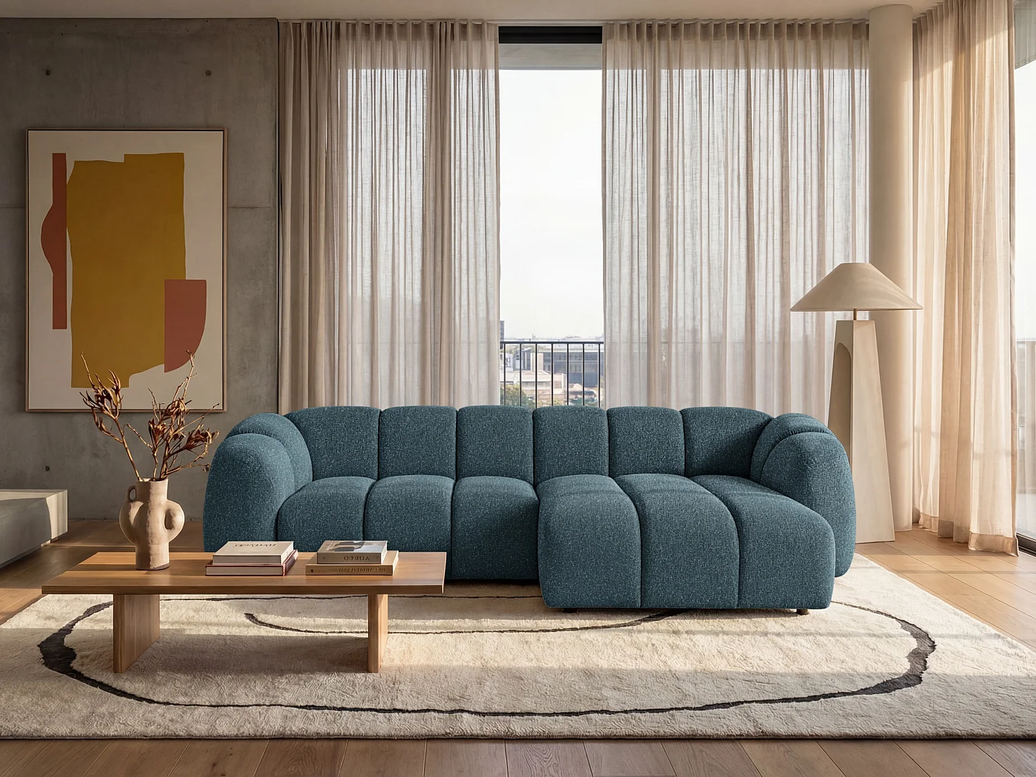 Canapé d'angle droit tissu bouclé bleu canard 280 cm - Mali Design