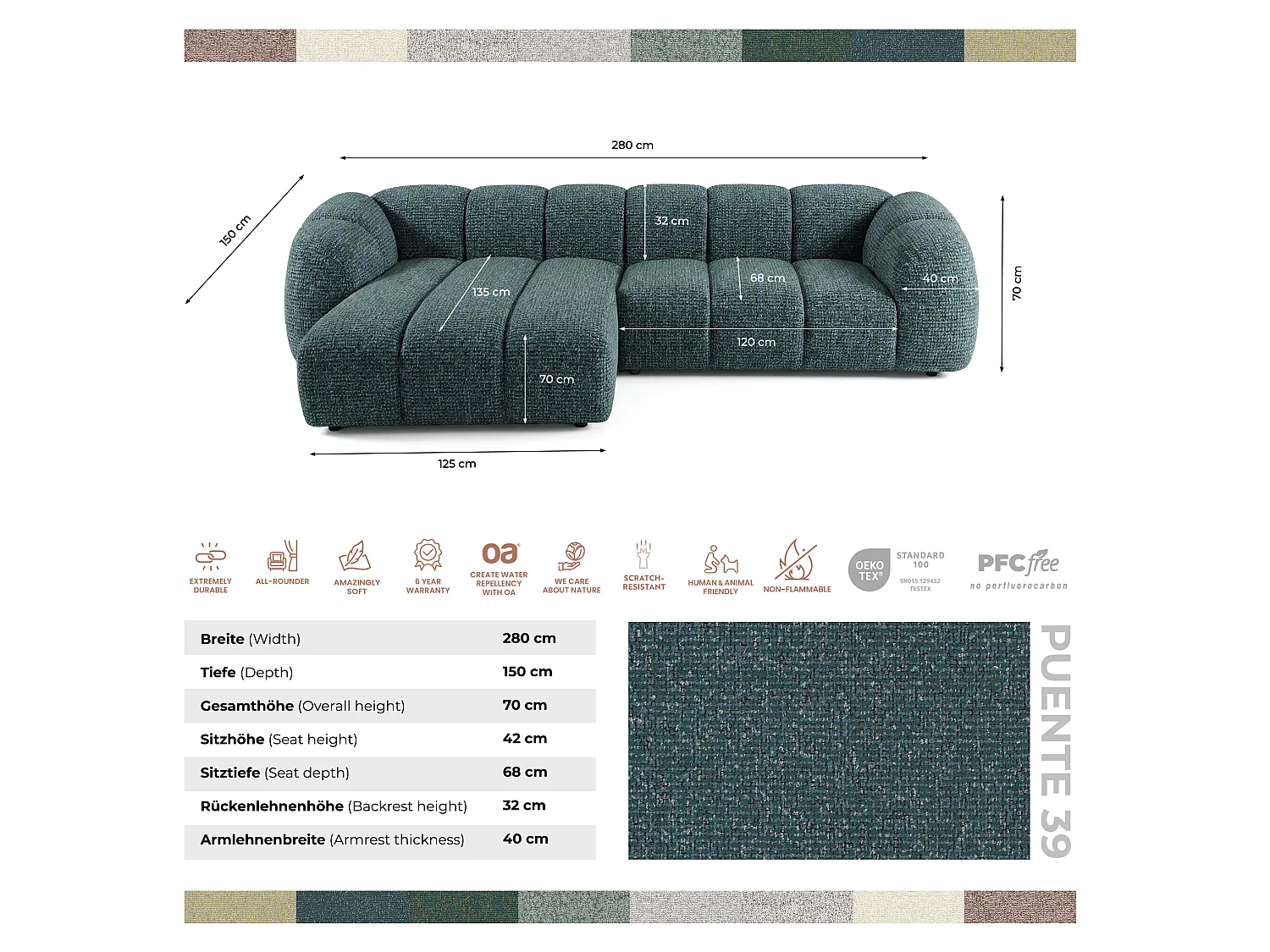 Canapé d'angle droit tissu bouclé bleu canard 280 cm - Mali Design