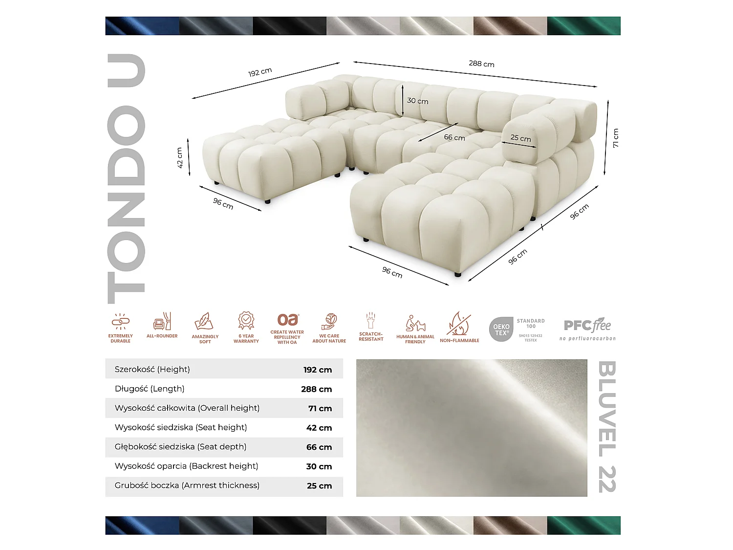 Canapé panoramique capitonné en velours beige 288 cm - TONDO