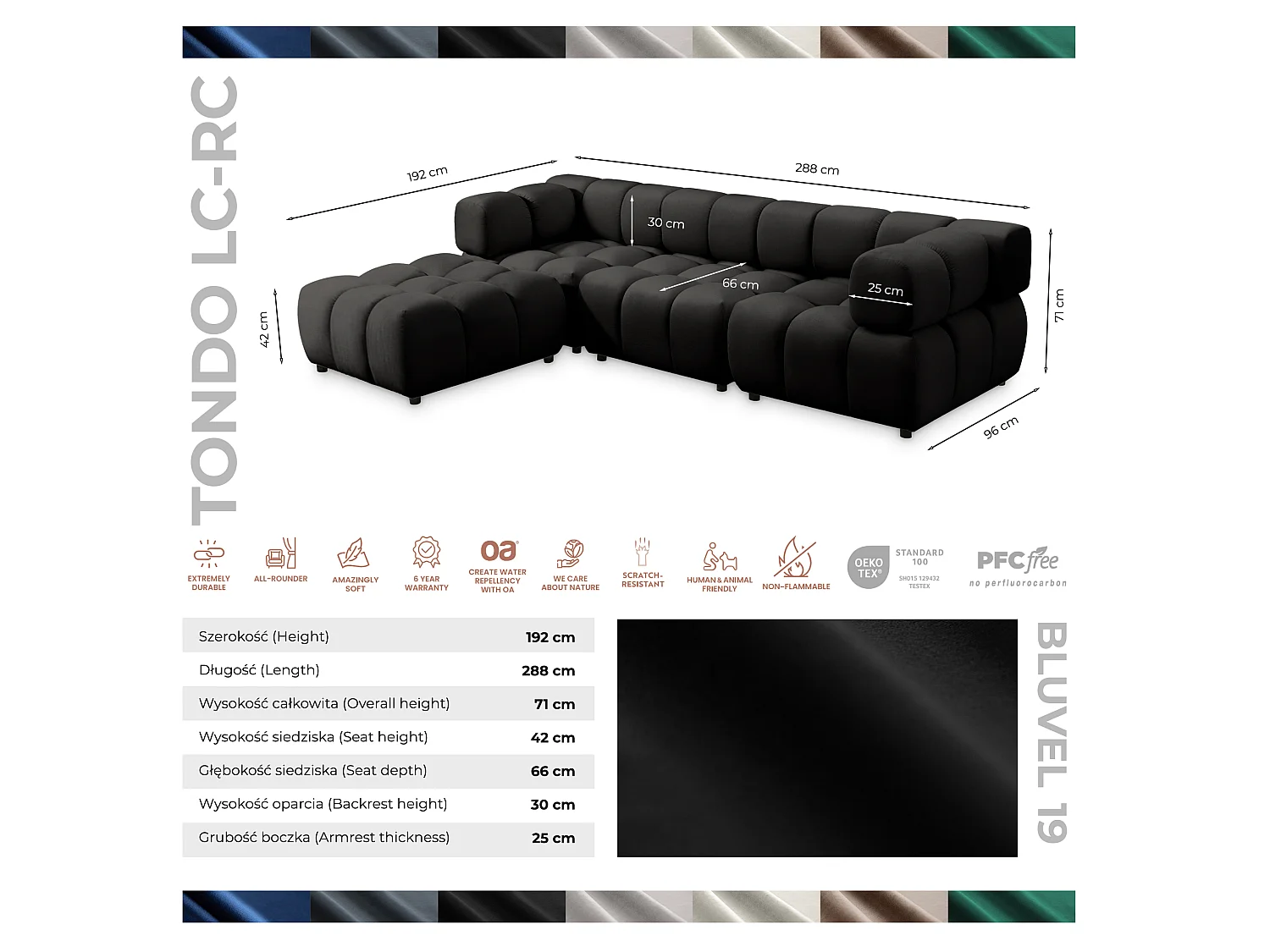 Canapé d'angle capitonné réversible en velours noir 288 cm - TONDO