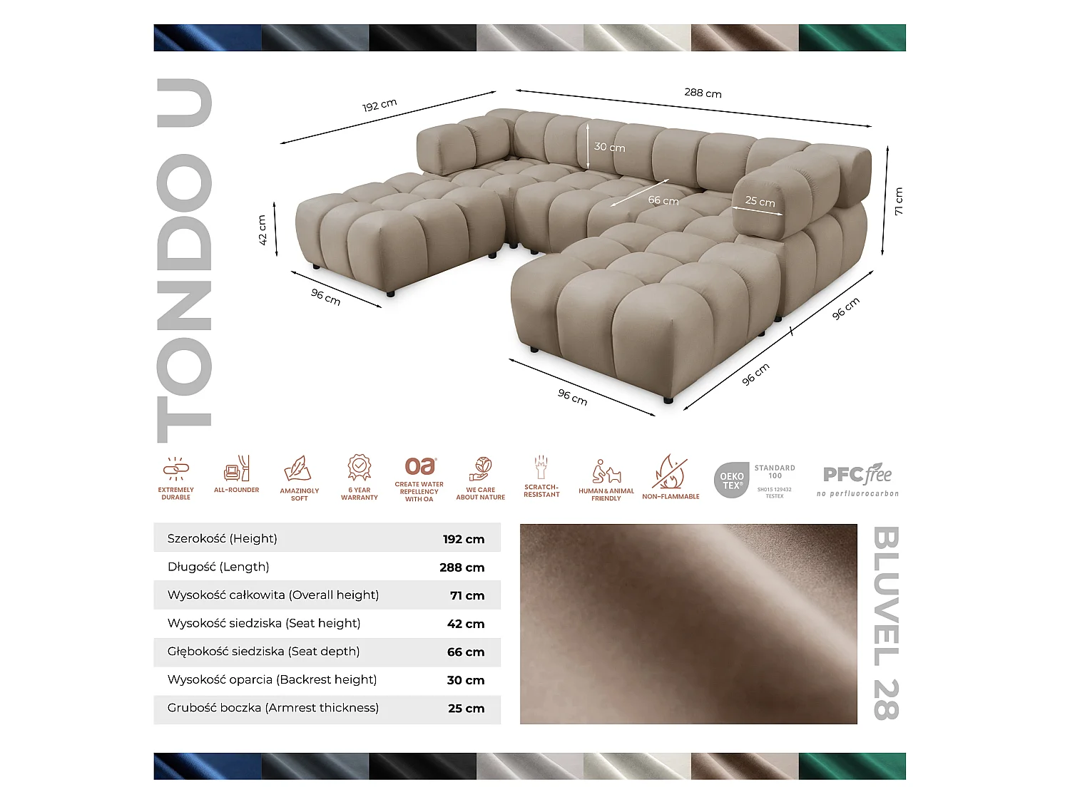 Canapé panoramique capitonné en velours taupe 288 cm - TONDO