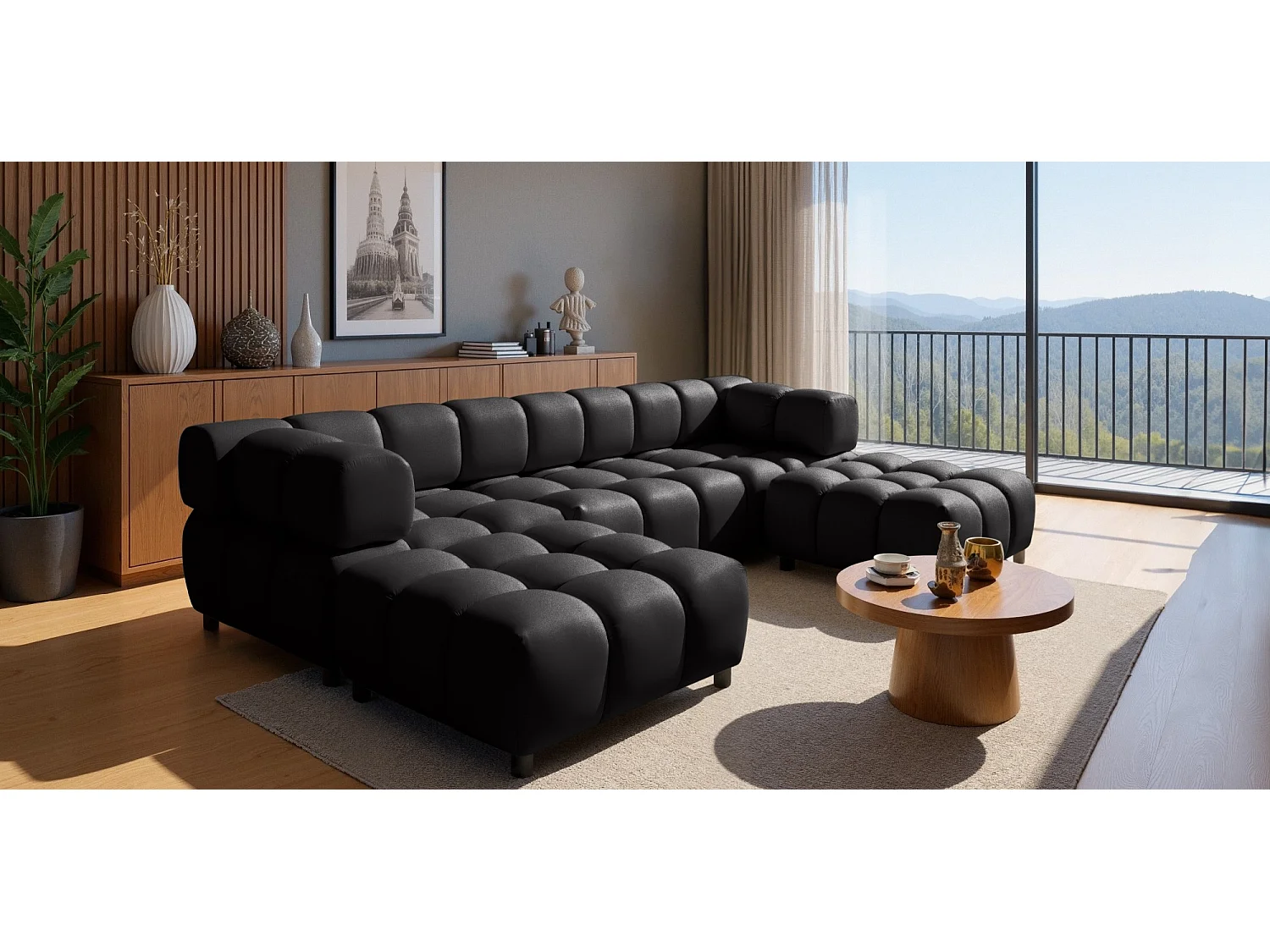 Canapé panoramique capitonné en velours noir 288 cm - TONDO