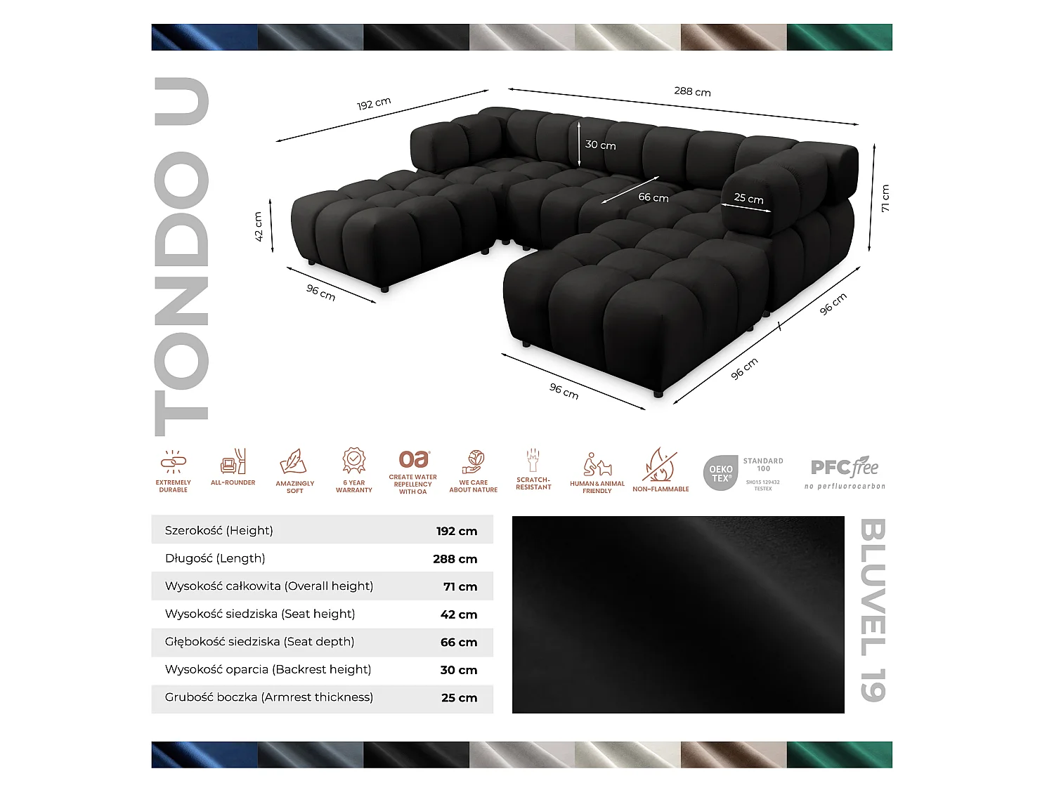 Canapé panoramique capitonné en velours noir 288 cm - TONDO