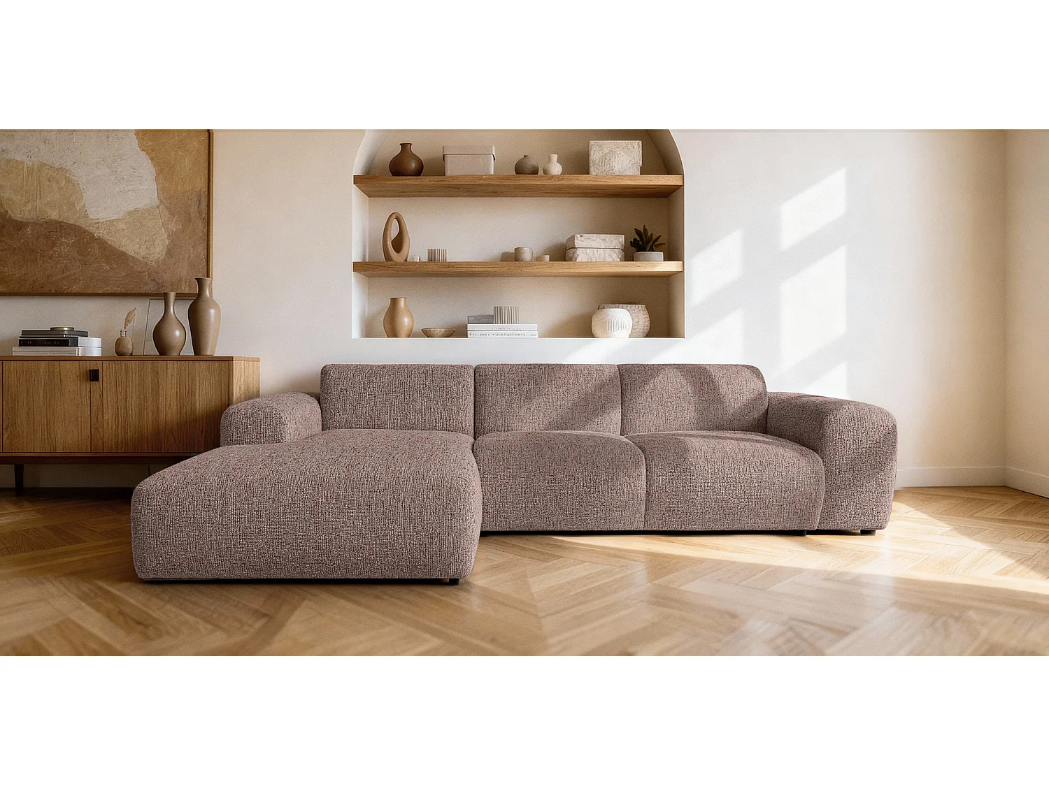 Canapé d'angle gauche en tissu bouclé rose poudré 310 cm - GIN