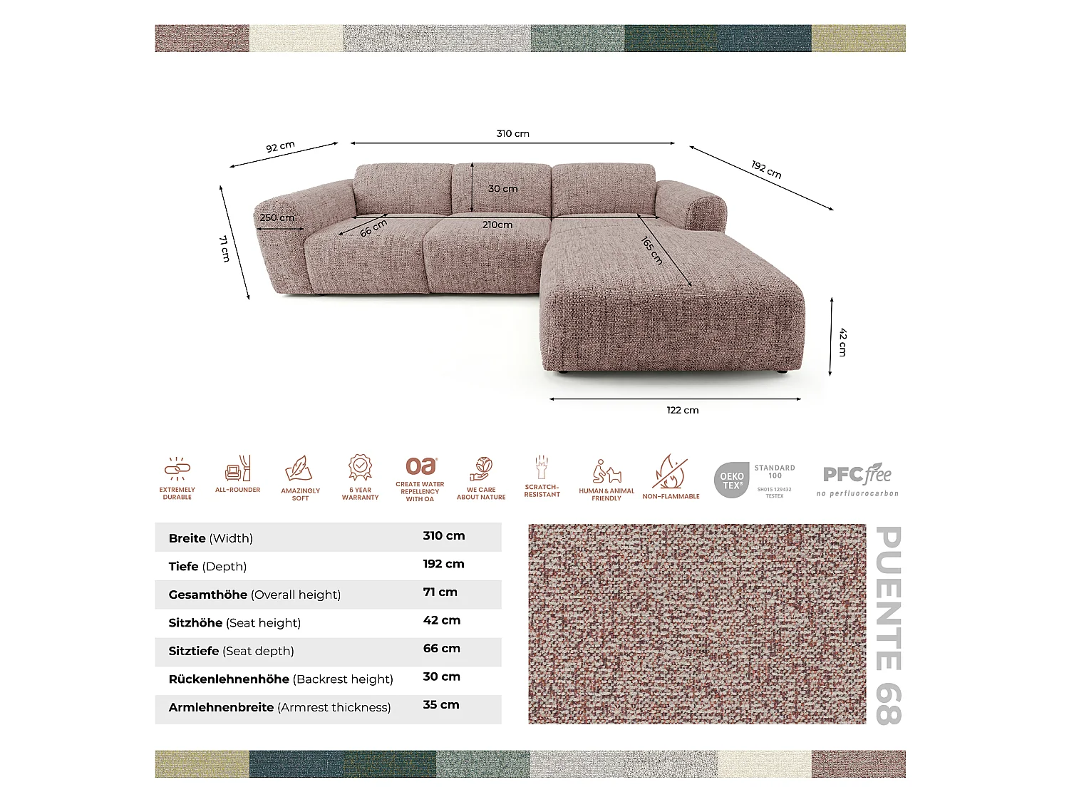 Canapé d'angle gauche en tissu bouclé rose poudré 310 cm - GIN