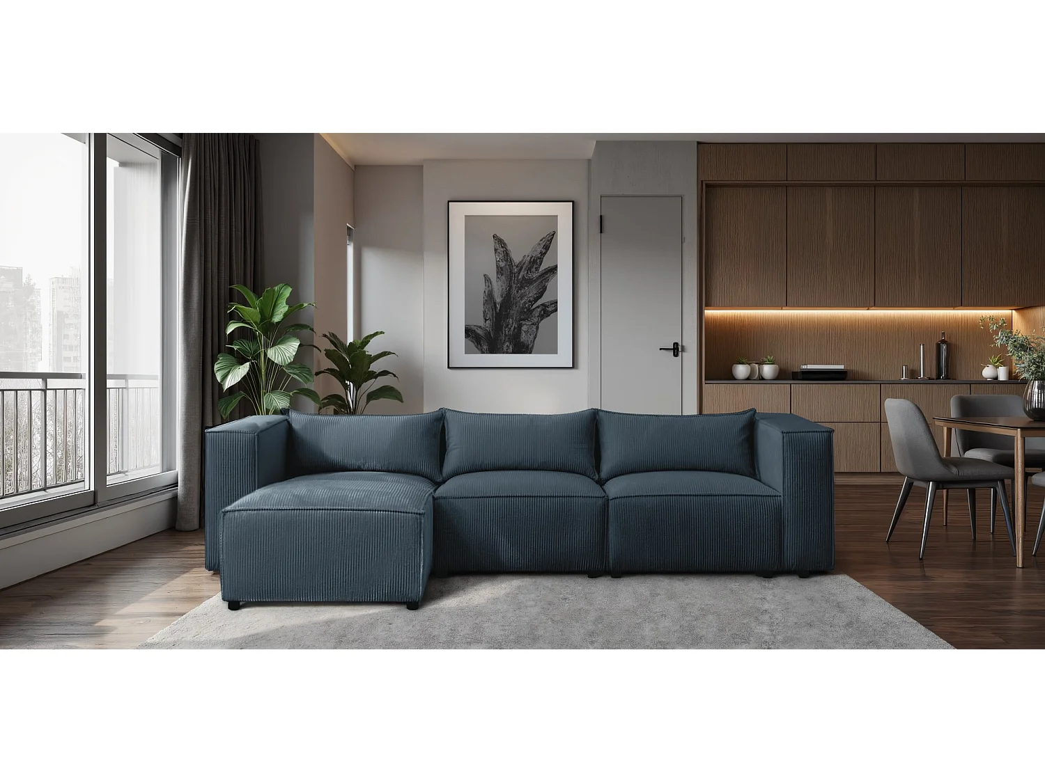 Canapé d'angle modulable en velours côtelé bleu 290 cm - MODULO