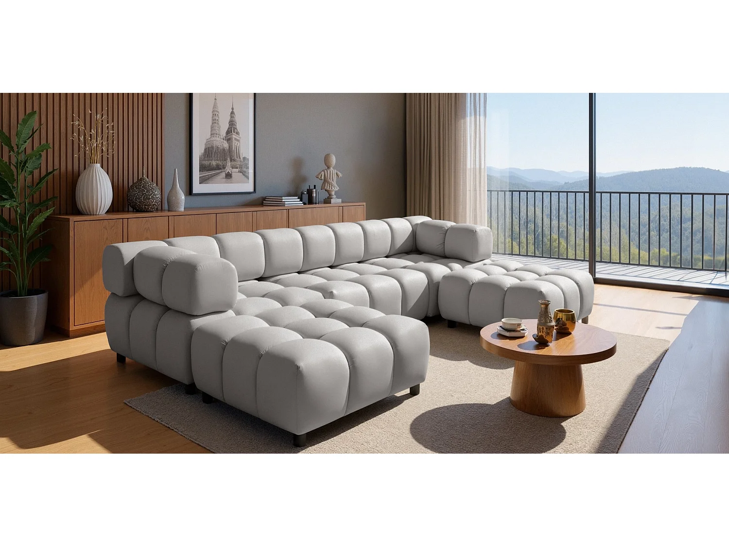 Canapé panoramique capitonné en velours gris clair 288 cm - TONDO