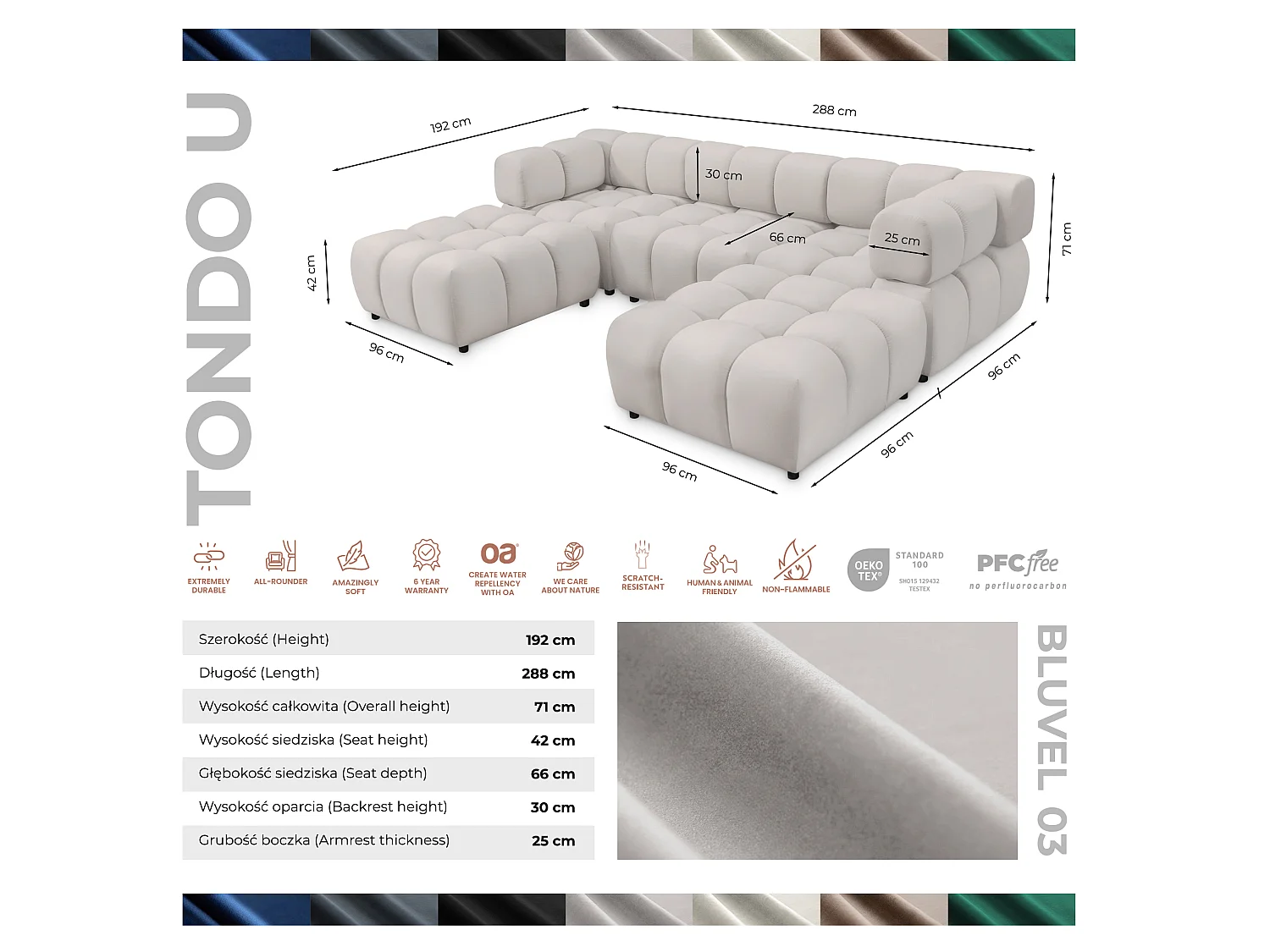 Canapé panoramique capitonné en velours gris clair 288 cm - TONDO