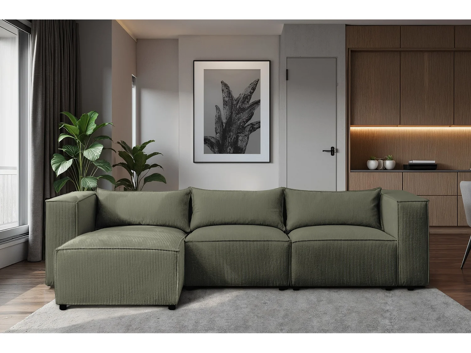 Canapé d'angle modulable en velours côtelé vert 290 cm - MODULO