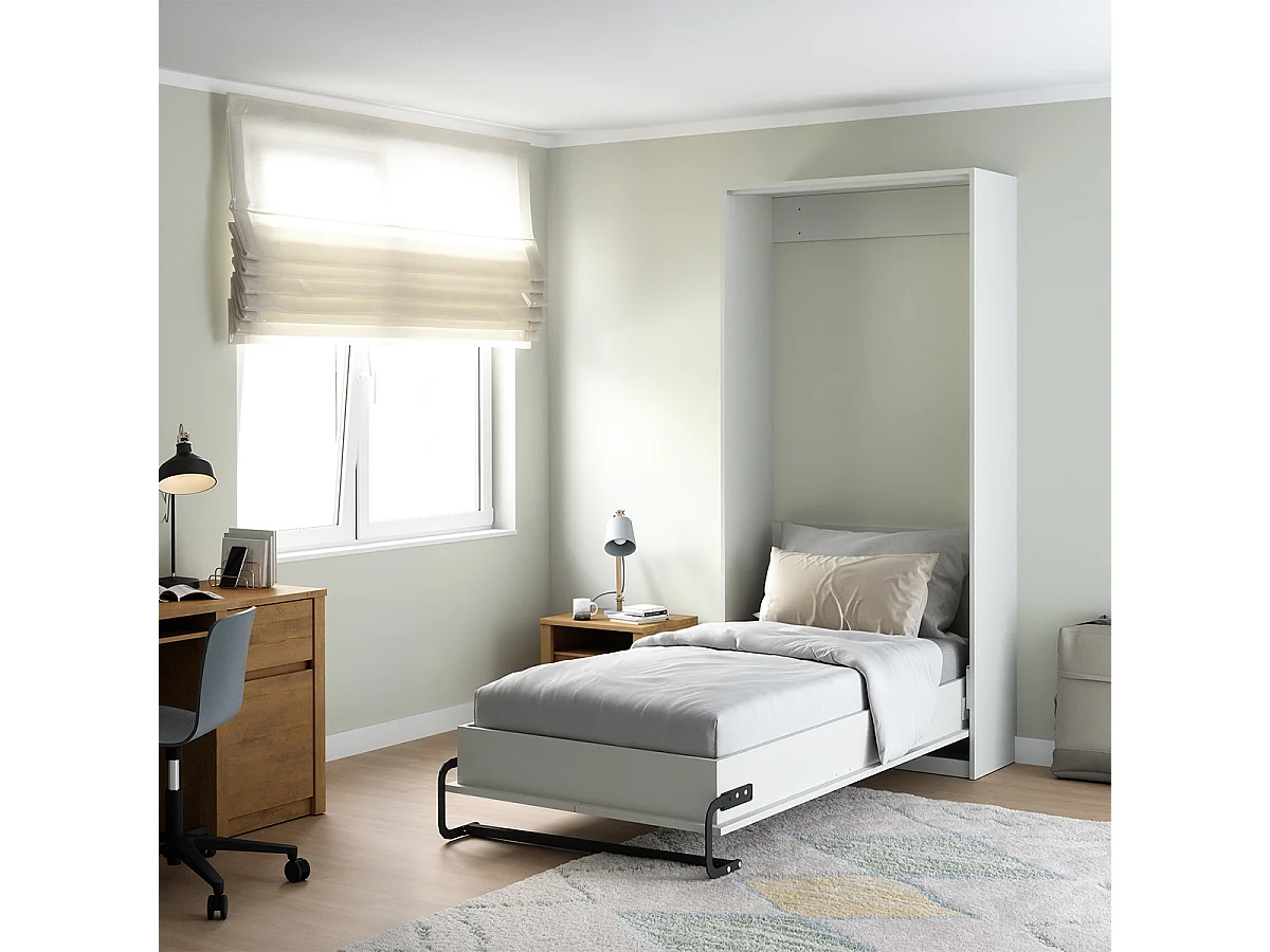 Lit escamotable 90x200 sommier et tête de lit inclus Fergus Blanc