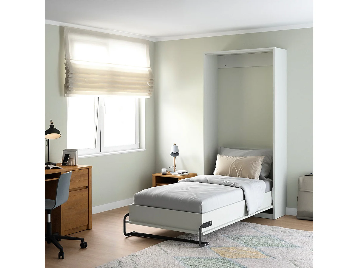 Lit escamotable 90x200 vertical sommier et tête de lit inclus Fergus Blanc