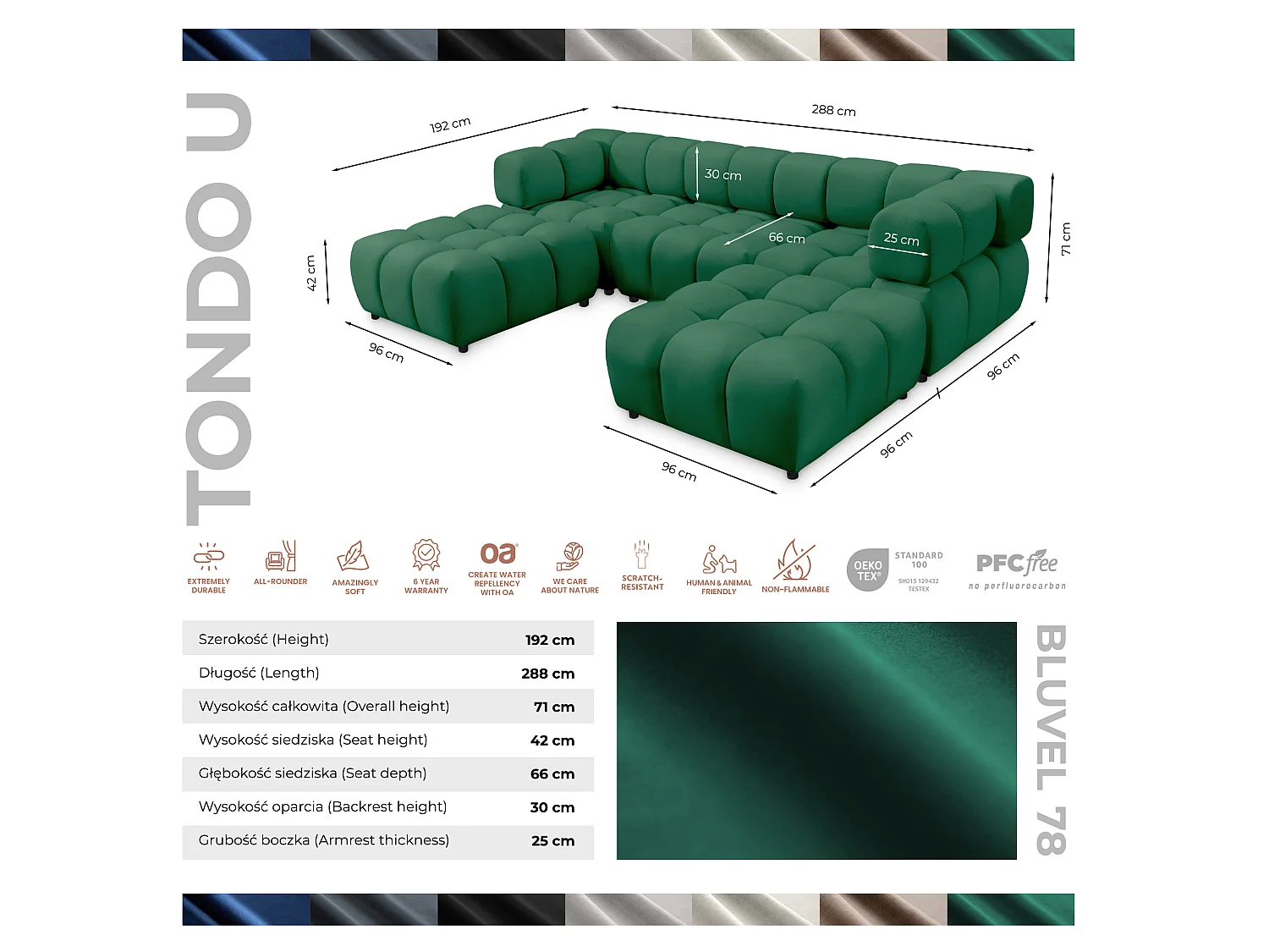 Canapé panoramique capitonné en velours vert 288 cm - TONDO